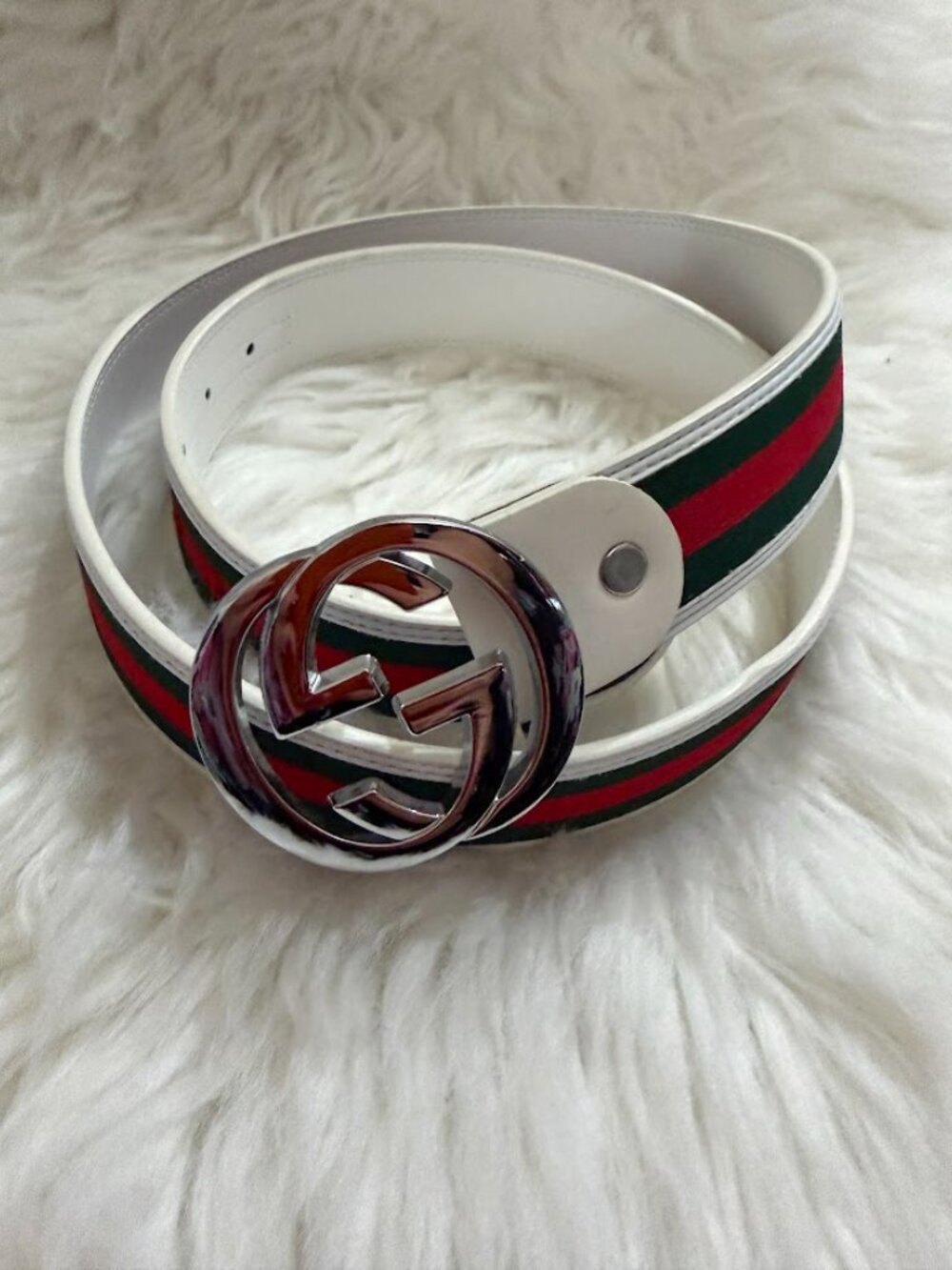 White Leather Look Belt Green Red Stripe Silver Tone Statement Buckle